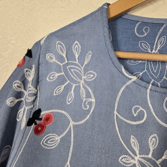 Ana & Rose Embroidered Peplum Blouse 2X Blue Cottagecore Boho Chambray Plus Size - Picture 7 of 13